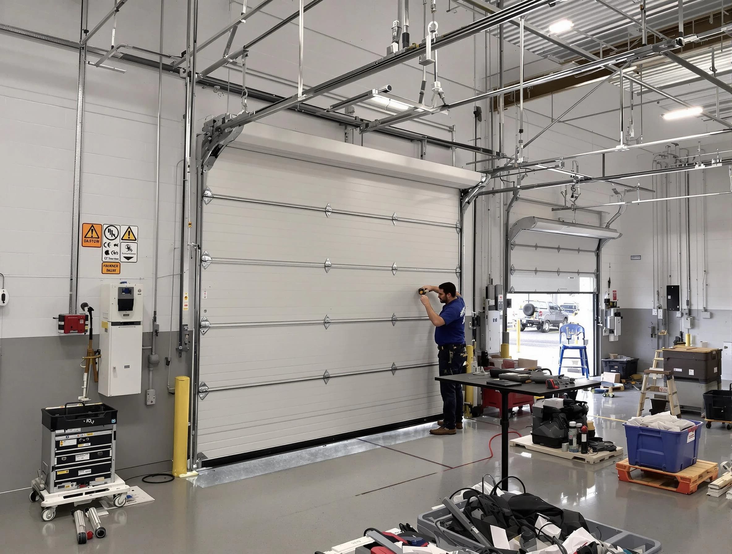 Commercial garage door repair being performed by Lovejoy Garage Door Repair expert in Lovejoy