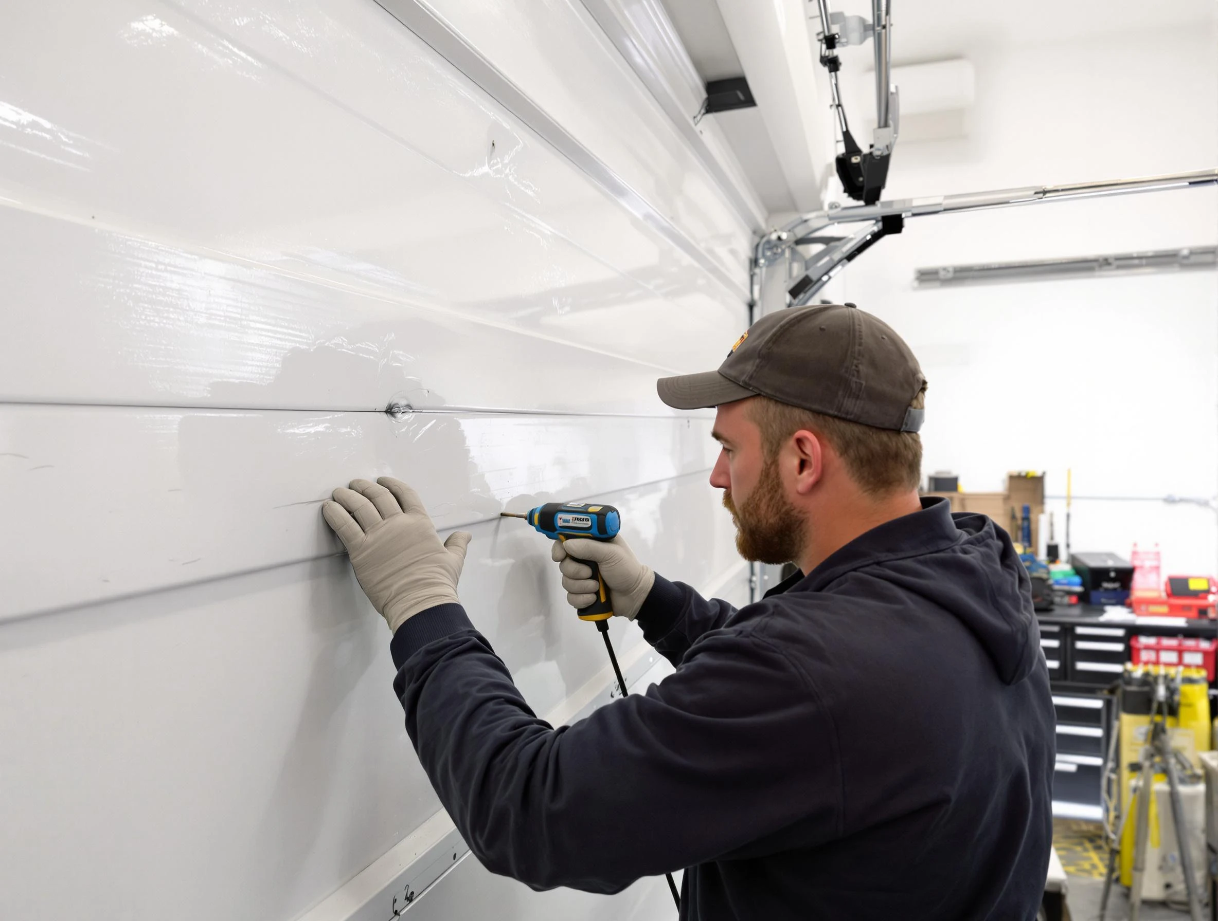 Lovejoy Garage Door Repair technician demonstrating precision dent removal techniques on a Lovejoy garage door