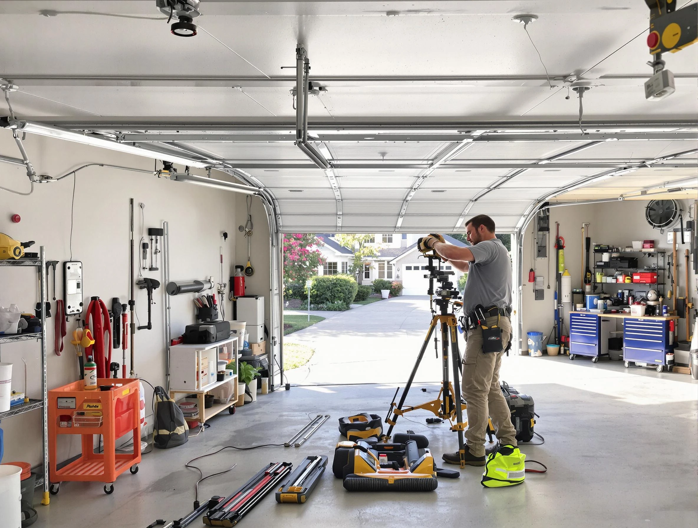 Lovejoy Garage Door Repair specialist performing laser-guided track alignment in Lovejoy